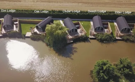 Aerial view of our Lakeside Fishing Lodges at Mill Farm Leisure