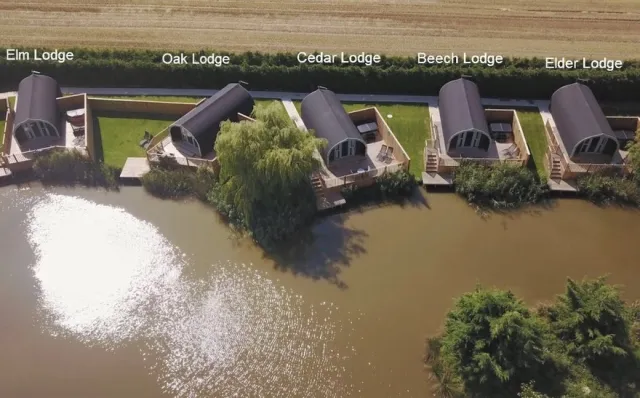 Aerial view of our Lakeside Fishing Lodges at Mill Farm Leisure