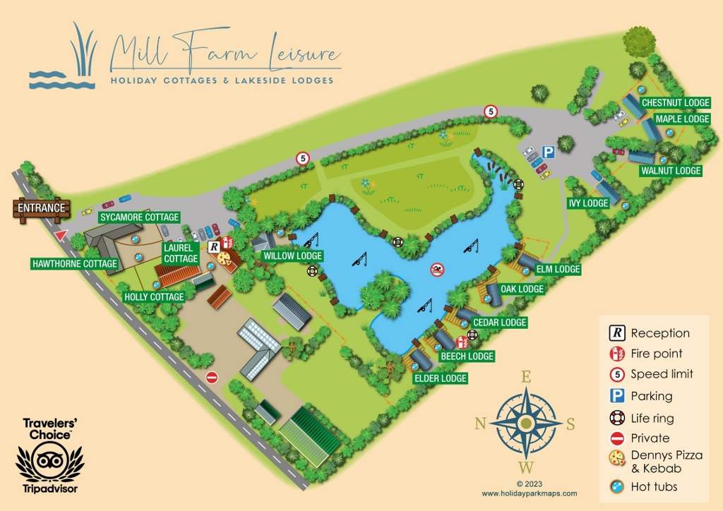 Mill Farm Leisure site plan showing lodges, cottages and fishing lake